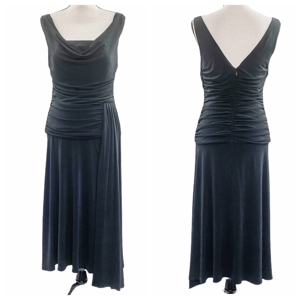 Js Boutique Solid Black Ruched Waist Asymmetrical Sleeveless Midi Dress